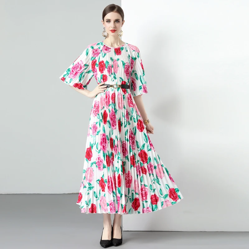 Женское плиссированное платье с круглым вырезом универсальное свободное