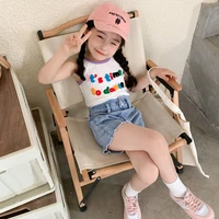 mila chou 2022 summer baby girls fashion towel embroidery sleeveless t shirt children casual cotton o neck tee vest kids clothes