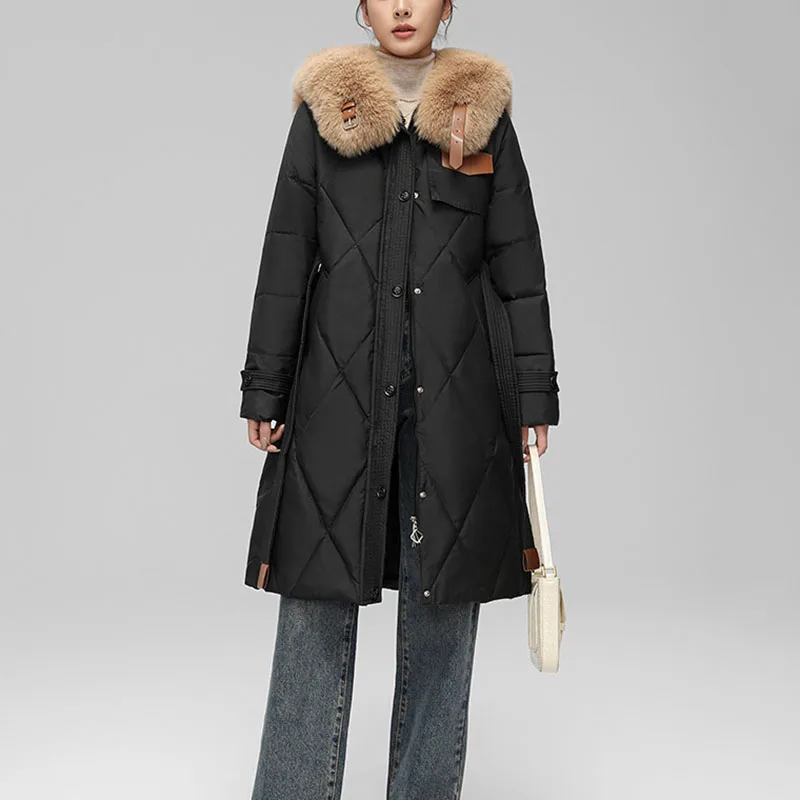 Женская зимняя куртка средней длины с большим меховым воротником тонкая верхняя