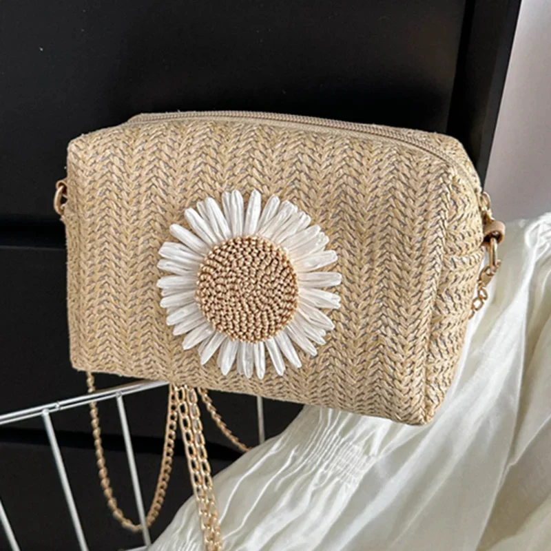 

Small Daisy Bag for Women Straw Handbags Handwoven Floral Lace Tote Bags Summer Beach Ladies Shoulder Crossbody Bag Purse Bolsas