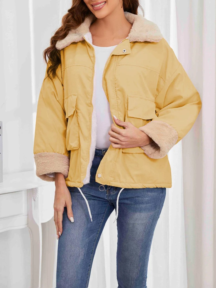 2023 New Turn Down Collar Long Sleeve Coats Casual Trendy Zipper Closure Outwears Autumn Winter Warm Thicken Comfy Lamb Jackets