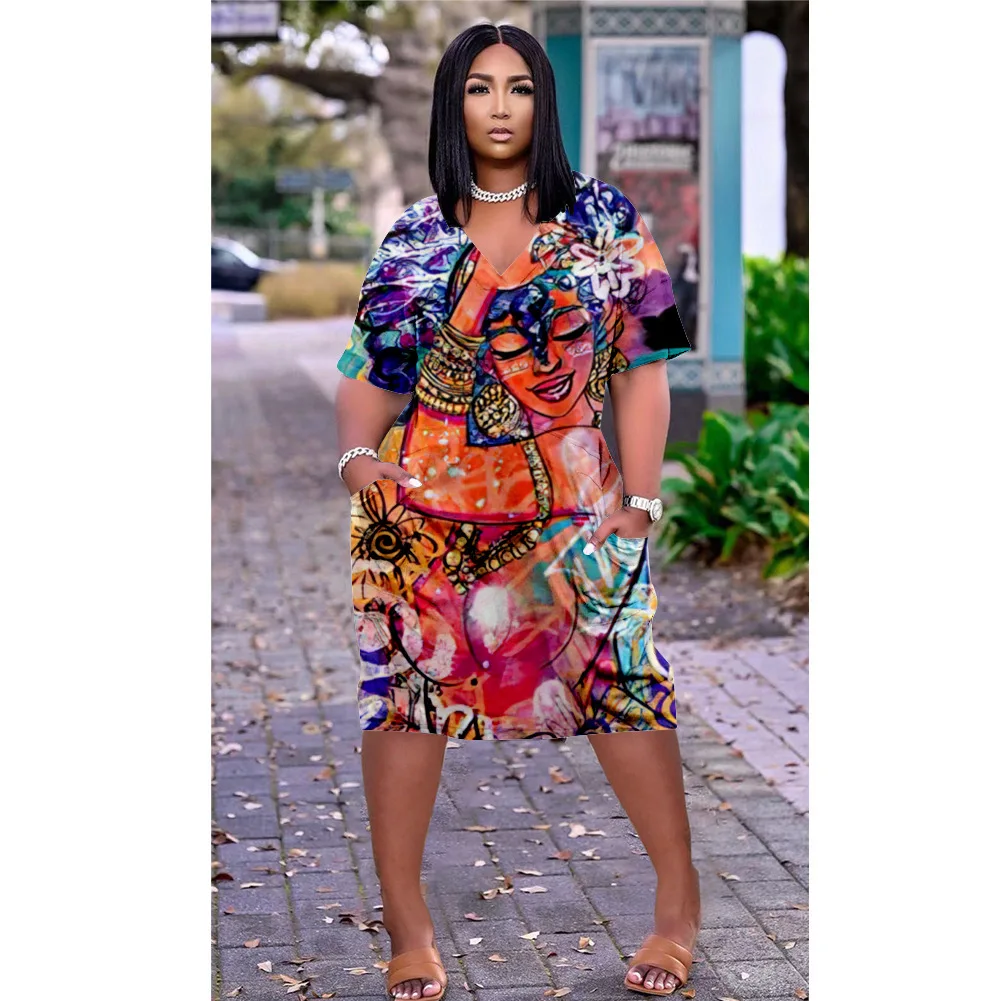 

Vintage Native Women's Fashion Print Dress Midi Bohemian Beach Dresses Pocket Short Sleeve Party Dress Elegant Sundress Summer