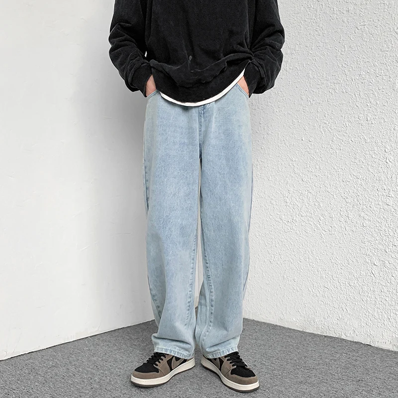 

TFETTERS Korean Fashion Jeans Men 2022 Summer Casual Loose Solid Color Elastic Waist Baggy Jean Mid Straight Wash Wide Leg Pants