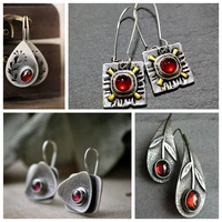 vintage silver color fashion hook earrings for women red stone eye leaf hollow pendant dangle party jewelry christmas gift