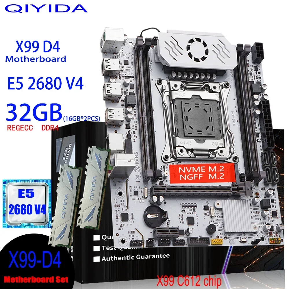 QIYIDA X99 Комплект материнской платы Xeon LGA 2011-3 E5 2680 V4 Процессор 32 ГБ=2*16 ГБ DDR4 REG ECC RAM C612