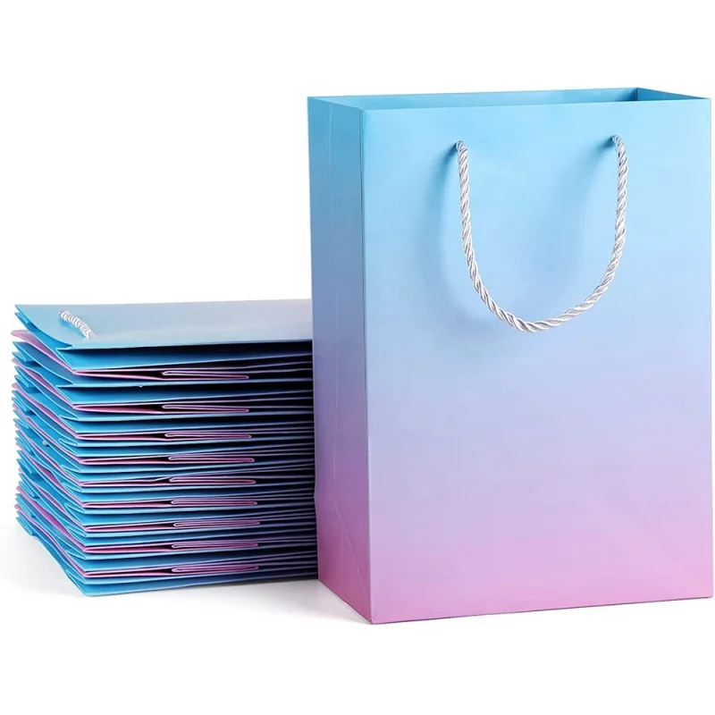 

Custom Custom logo printing Blue Pink gradient color packaging paper gift bags shopping bag cardboard bag