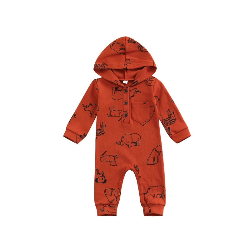

Infant Baby Rompers Toddler Cartoon Animals Print Cotton Linen Long Sleeve Button Jumpsuits Boys Girls Clothes