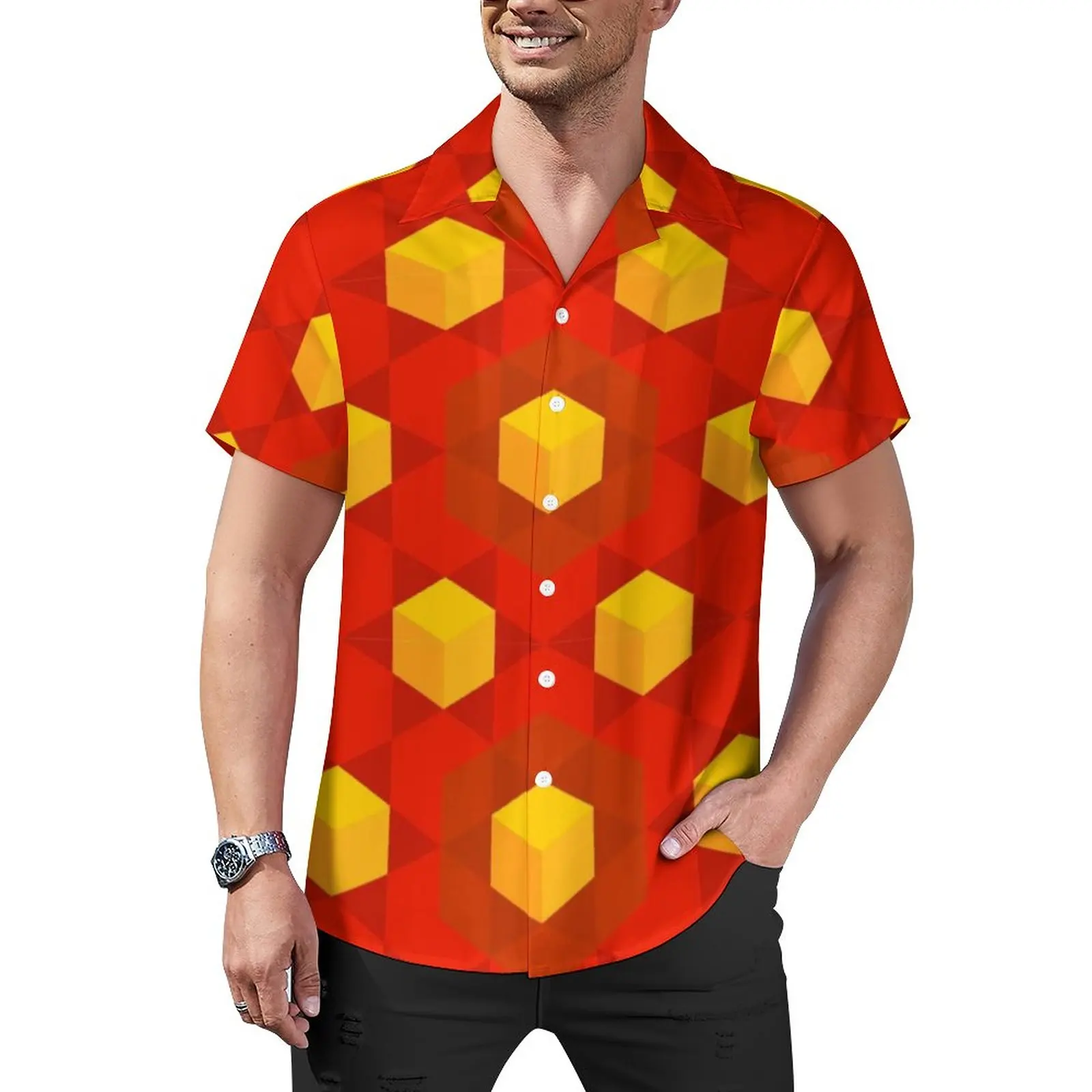 

Рубашка мужская повседневная с принтом в скандинавском стиле, блузка для отпуска с красными и оранжевыми кубиками, винтажная блузка с принтом, размеры 3XL, 4XL, на лето