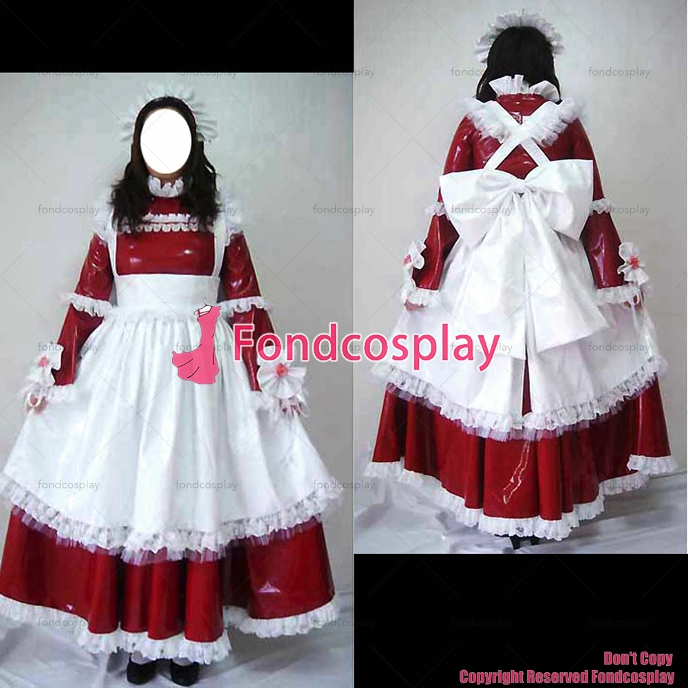 

tailor-made sexy adult dressing cross maid sissy long red thin pvc dress lockable uniform white apron costume tv/cd[g2469]