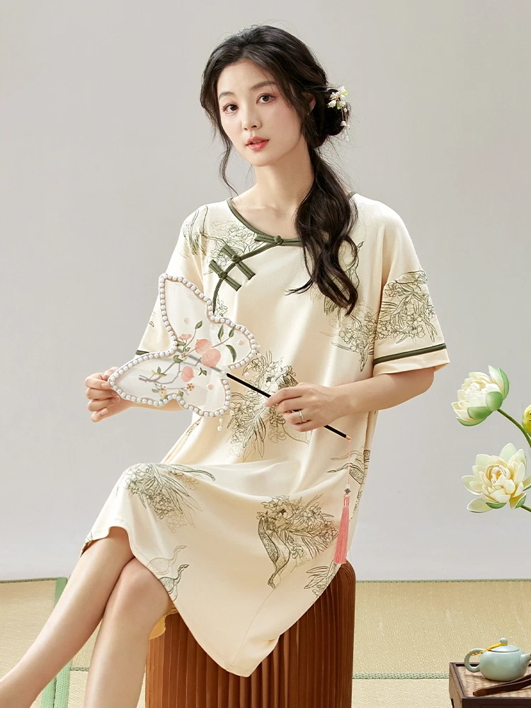 Ночная рубашка женская летняя из чистого хлопка с короткими рукавами в китайском