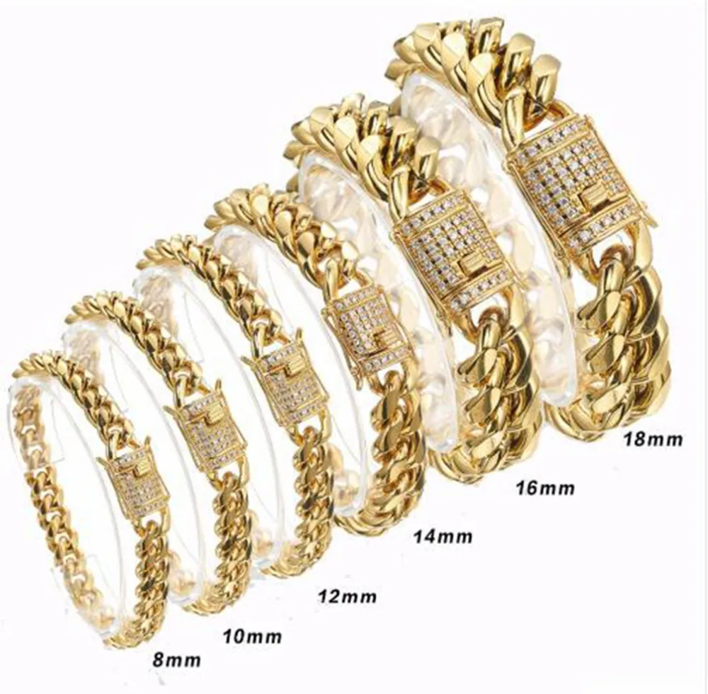 

8/10/12/14/16/18mm Wide 316L Stainless Steel Curb Cuban Link Chain Gold Color Bracelet Bangle Jewelry for Men Women 7-11inch