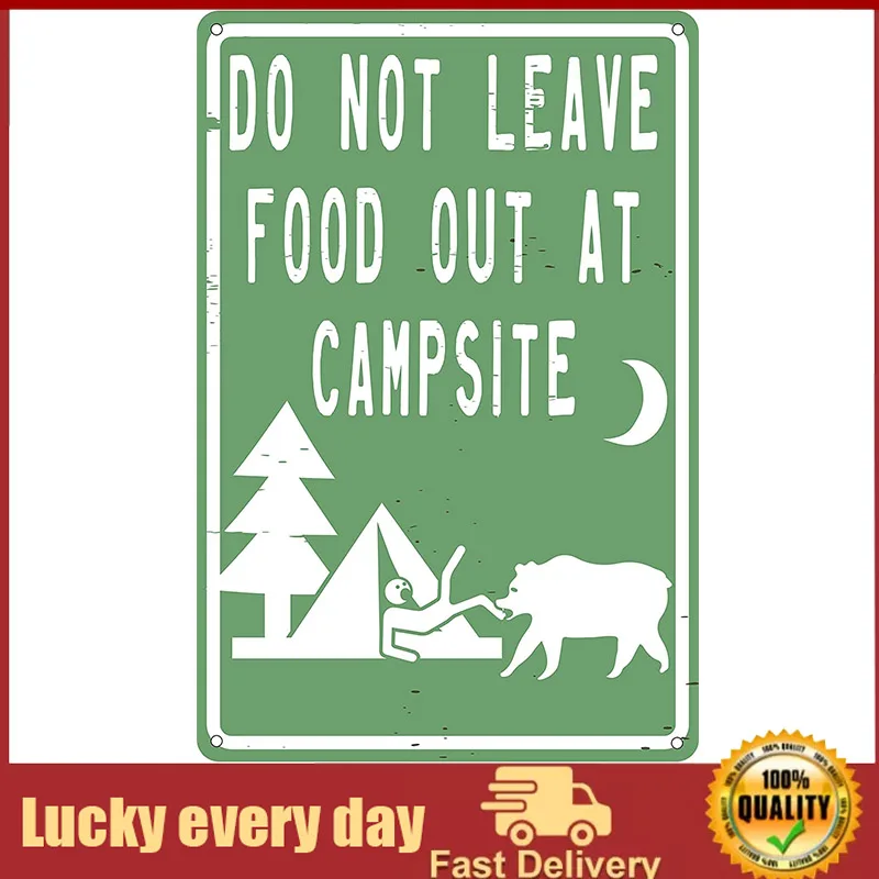 

Toothsome Studios Do Not Leave Food Out at Campsite Funny Tin Sign Camping Themed Cabin Decor wall decor cat sign