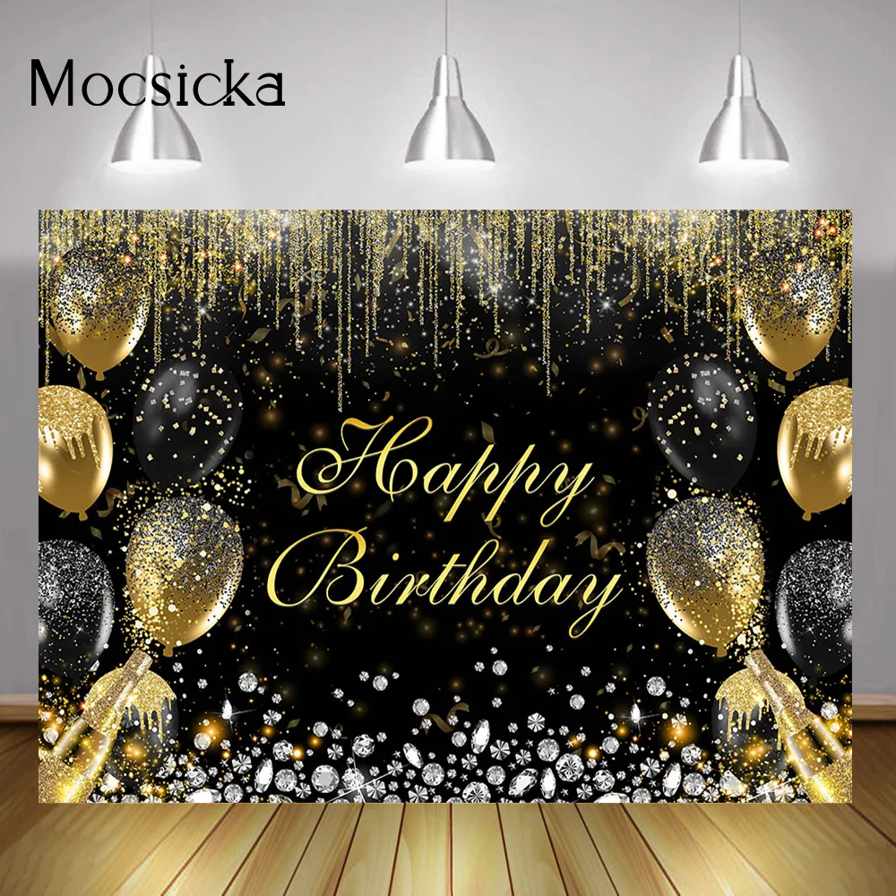 

Happy Birthday Backdrop for Woman Glitter Balloons Kids Birthday Party Background Decorations Diamond Shiny Black Photo Shoot