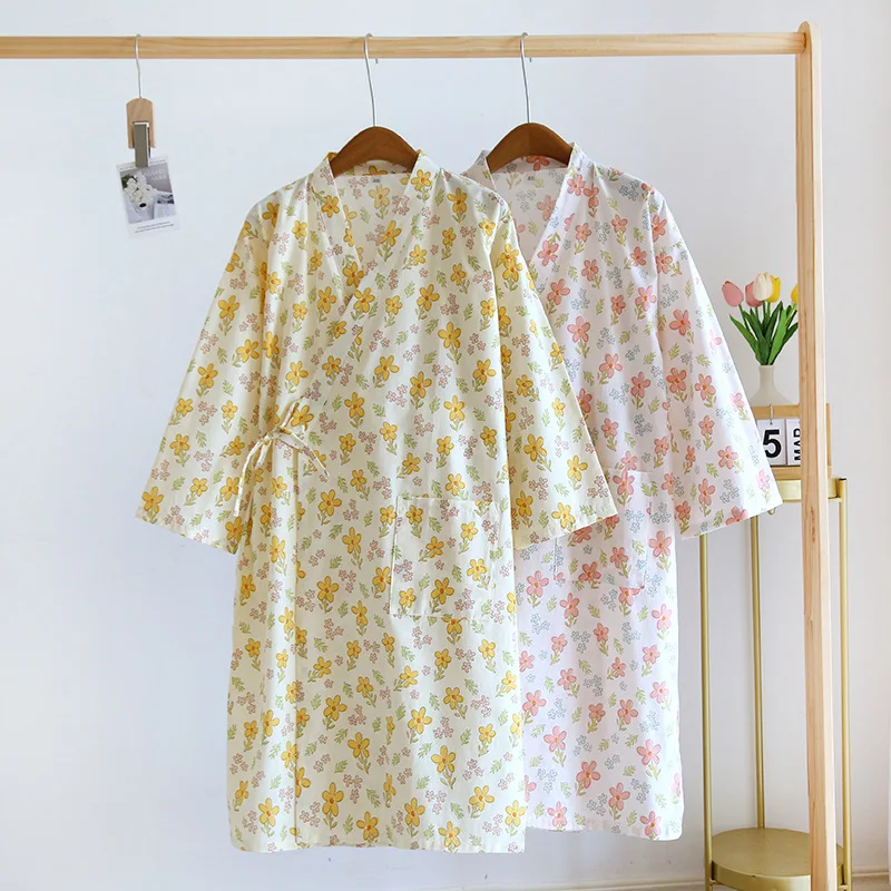 

Pajamas Furnishing Home Japanese Robe Cotton New 2023 Spring/summer Pajamas 100% Flower Robe Ladies Women's Bathrobe Kimono