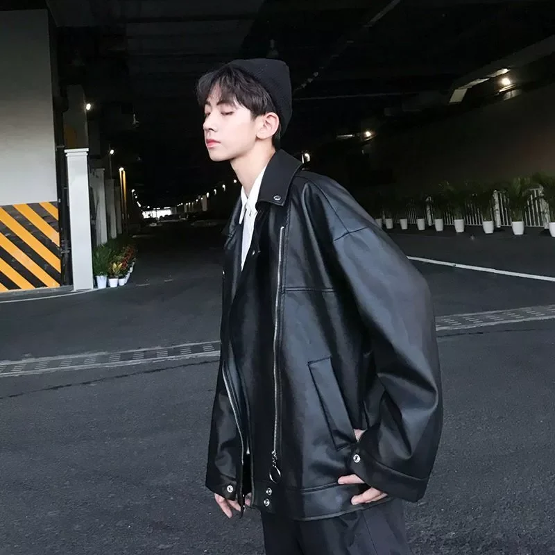 

Motorcycle leather jacket men's loose Korean ulzzang long-sleeved jacket lovers short coat Chic trend vintage versatile tech