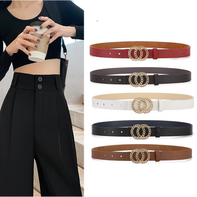 Gold Double Loop Metal Buckle Leather Belt Women Luxury Design Fashion Casual Dress Accessories Girdle High Quality Gothic Ins