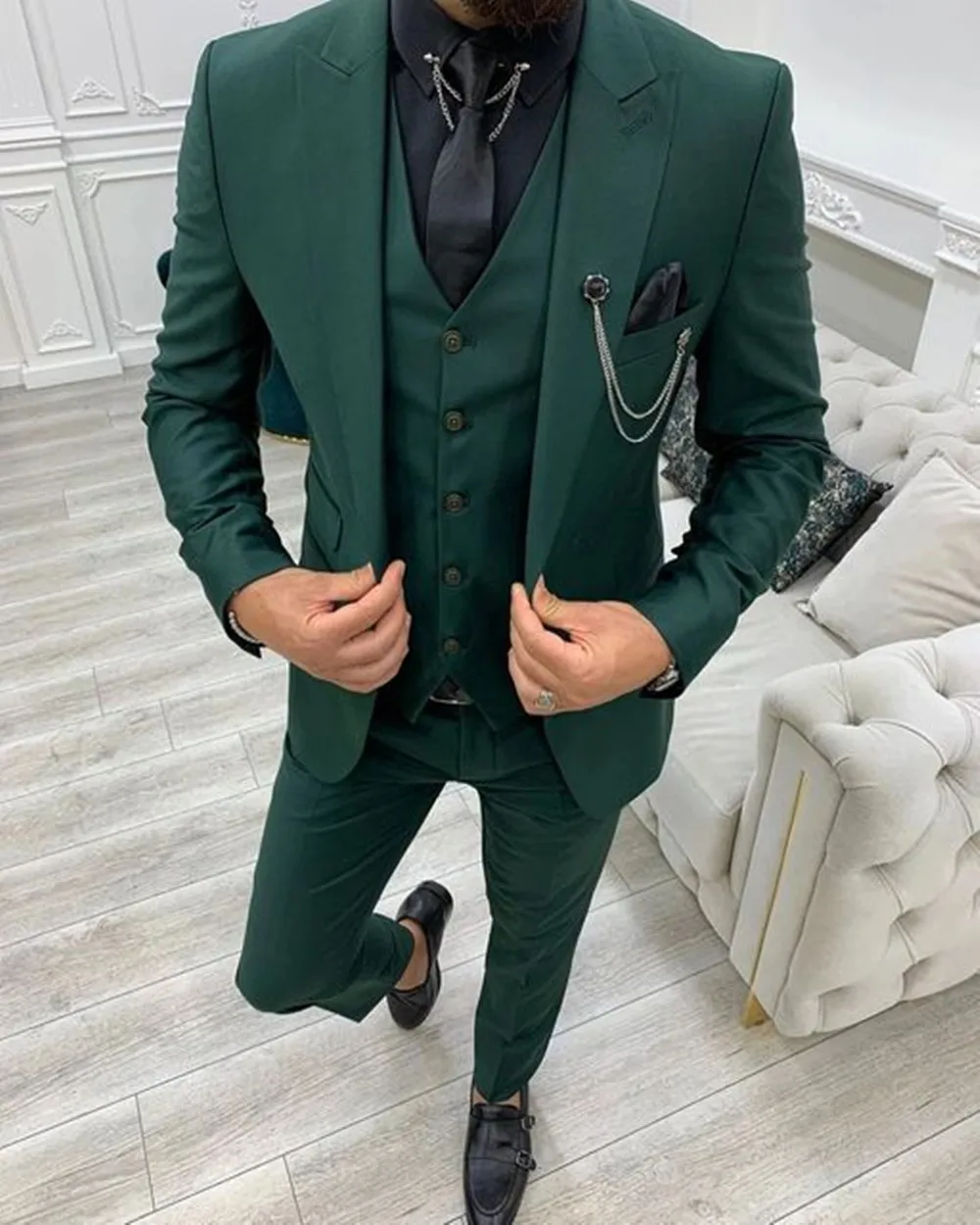 

Костюм облегающий мужской из 3 предметов, блейзер с лацканами зеленого цвета для жениха, свадьбы и выпускного вечера, 2022
