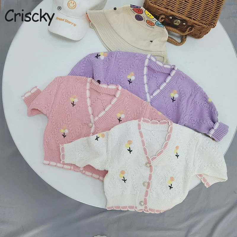 

Criscky 2022 Autumn Girls Floral Knitted Sweaters Cute Korean New Cardigans Cotton Clothes Baby Kids Outwear Jacket Sweater Tops