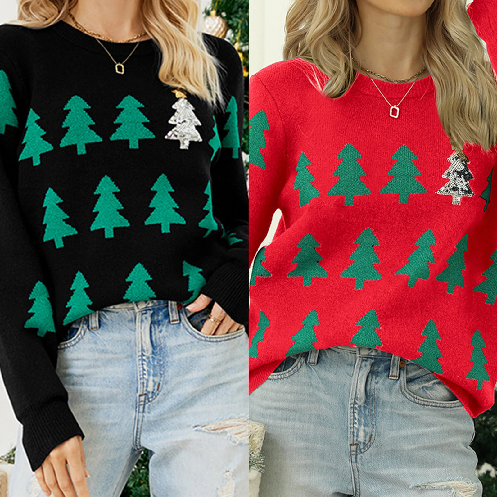 

Женский вязаный свитер с длинным рукавом, вязаные крючком пуловеры с рождественской елкой, повседневный праздничный наряд для отпуска с круглым вырезом, 2023