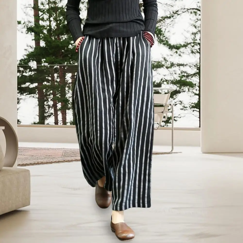 

Женские винтажные широкие брюки в полоску, прямые брюки-Капри с высокой талией и принтом, облегающие домашние брюки из хлопковой смеси 3XL, осень 2023