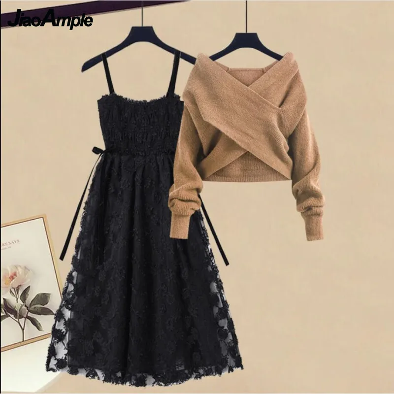 

Women's Autumn and Winter New Fashion Cross V-Neck Knit Sweater +Elegant Lace Strap Dress Two Piece Korean Casual Midi Skirt Set