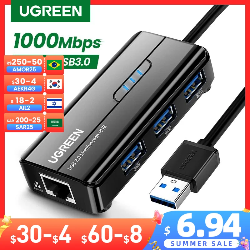 UGREEN USB Ethernet Adapter 1000/100Mbps USB to RJ45 USB3.0/2.0 HUB for Laptop PC Xiaomi Mi Box S Nintendo Network Card USB Lan