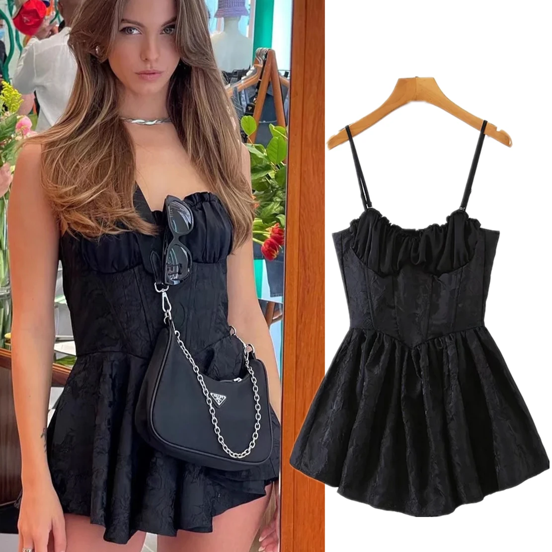 

Withered 2022 Ins Fashion Blogger Vintage Texture Sexy Off Shoulder Solid Sexy Suspender Dress Women Party Mini Dress