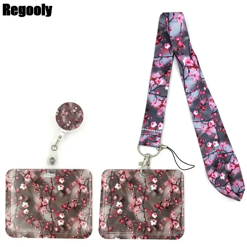 

Cherry Plum blossom Tree Flowers Lanyard Credit Card ID Holder Bag Student Women Travel Card Cover Badge Keychain Decorations