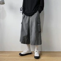 summer greyblack cropped pants men fashion retro pocket casual pants mens streetwear loose hip hop straight cargo pants men