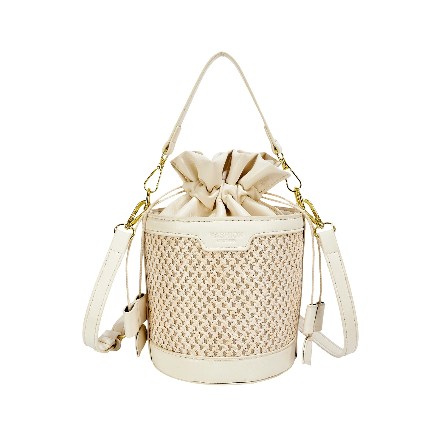PU Leather and Straw Bags for Women 2023 Fashion New Trend Designer Small Bucket Bag Crossbody Chain Bags for Ladies Handbags
