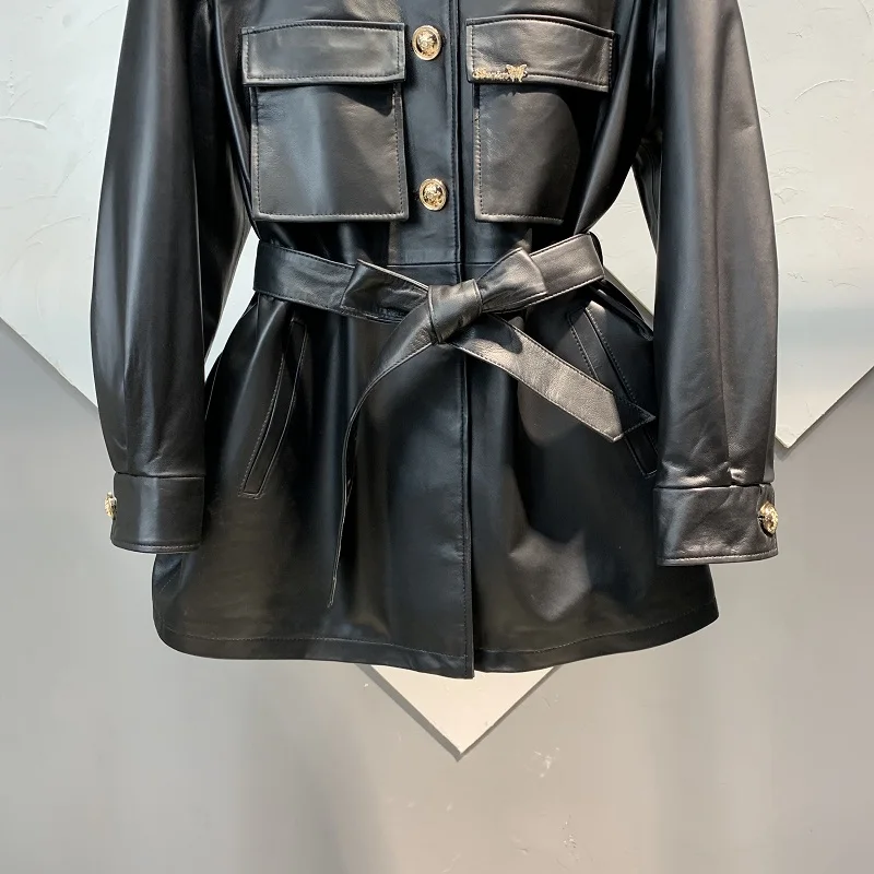 Женская кожаная куртка средней длины черная однобортная из 2024 натуральной