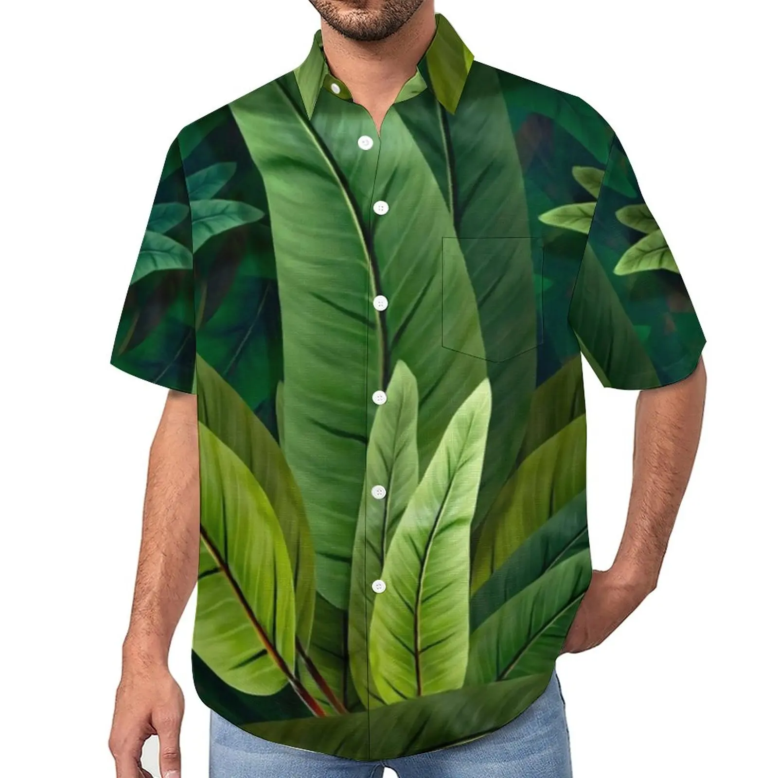 

Retro Tropical Casual Shirts Green Leaves Print Vacation Shirt Hawaiian Aesthetic Blouses Men Printed Big Size 3XL 4XL