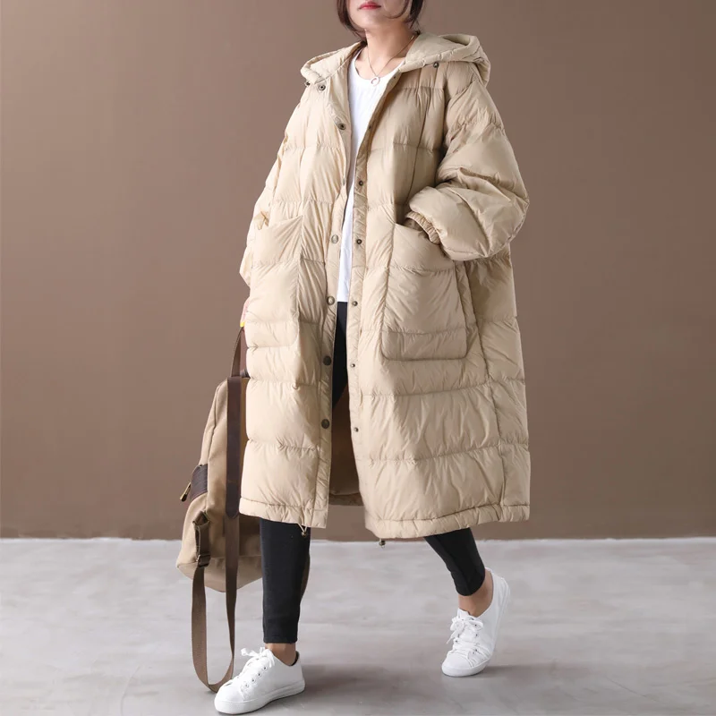 

2021 New Loose Down Coat Cloak Lantern Sleeves Hooded Warm Long Down Parkas 90% White Duck Down Jacket Female Snow Outwear