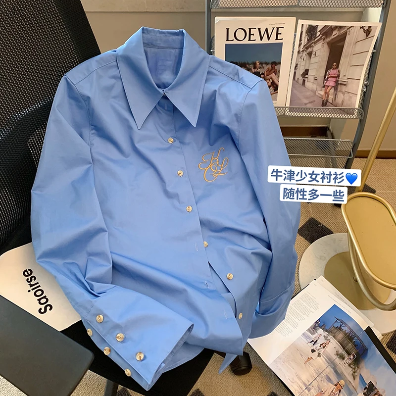

Autumn Women'S Shirt Shirt Long-Sleeved Cotton Lapel Loose Casual Large Sky Blue Ribbon Embroidery 2023 New Women Y2k