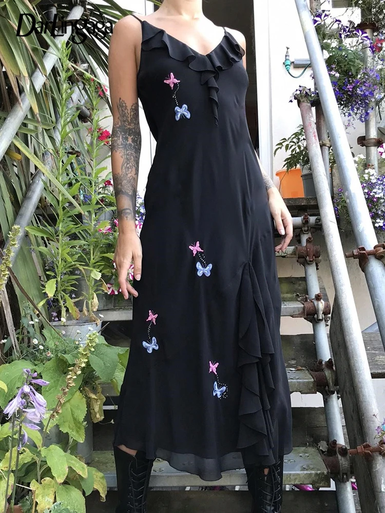 

Darlingaga Straps V Neck Grunge Fairycore Butterfly Chiffon Dress Midi Vintage Asymmetrical Ruffles Patchwork Female Dress Goth