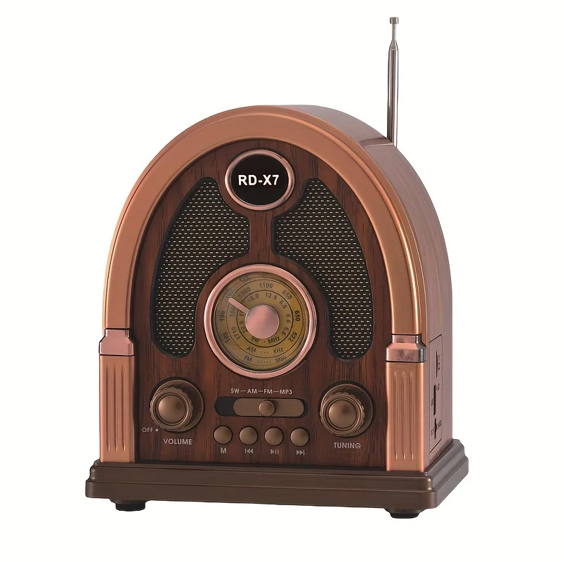 Фото Портативное винтажное FM-радио с деревянной текстурой, Bluetooth-колонка, поддержка TF-карт, USB-накопителей, зарядка Type-C, стереозвук №2
