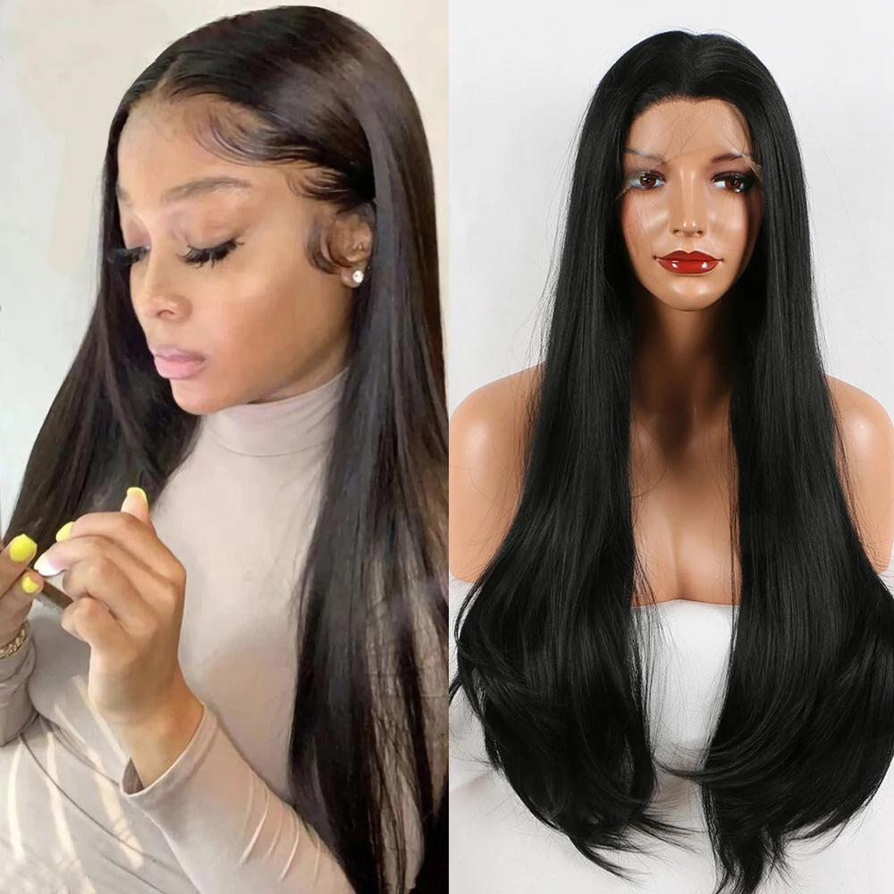 

Transparen Natural Hairline Silky Straight Black Blue Brown Orange Purple Lace Front Synthetic Hair Wig With Baby Hair Daily Wig