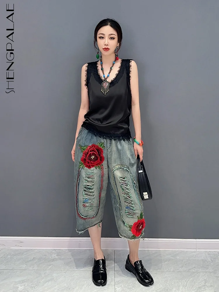 

SHENGPALAE Fashion Women's Jeans Flower Embroidery Tassel Broken Hole Casual Denim Calf Length Pants Summer 2023 New Tide 5R4236