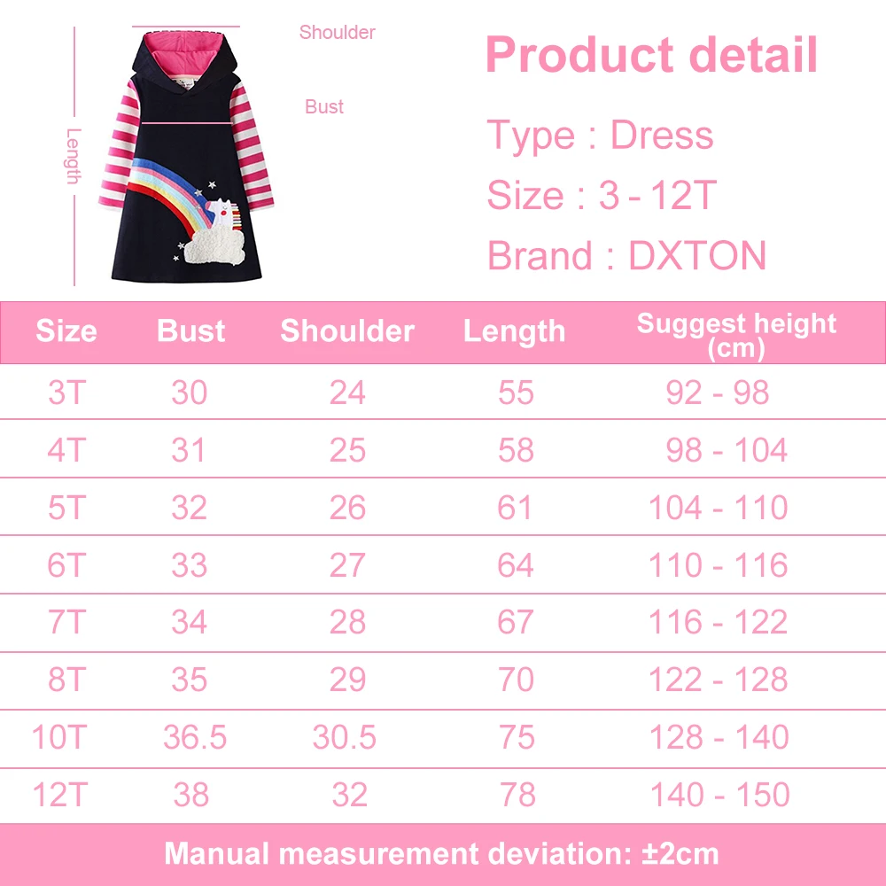DXTON Girls Autumn Spring Long Sleeve Clothes Kids Rainbow Unicorn Cartoon Appliqued Hooded Dress Children Casual Cotton Dresses
