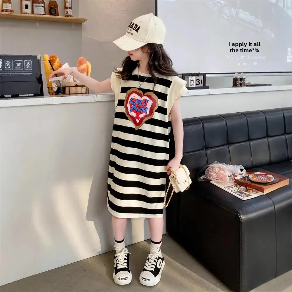 Лето 2024 стильное вязаное платье-футболка принцессы для девочек детское