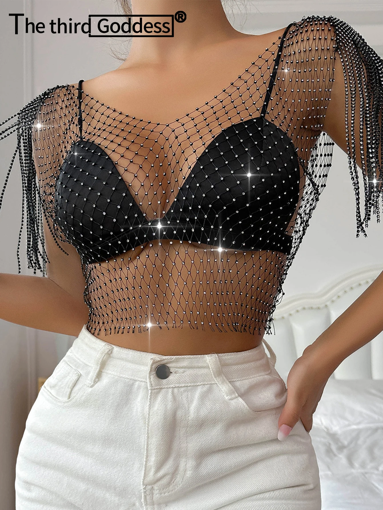 Сексуальный черный прозрачный укороченный топ со стразами женская летняя