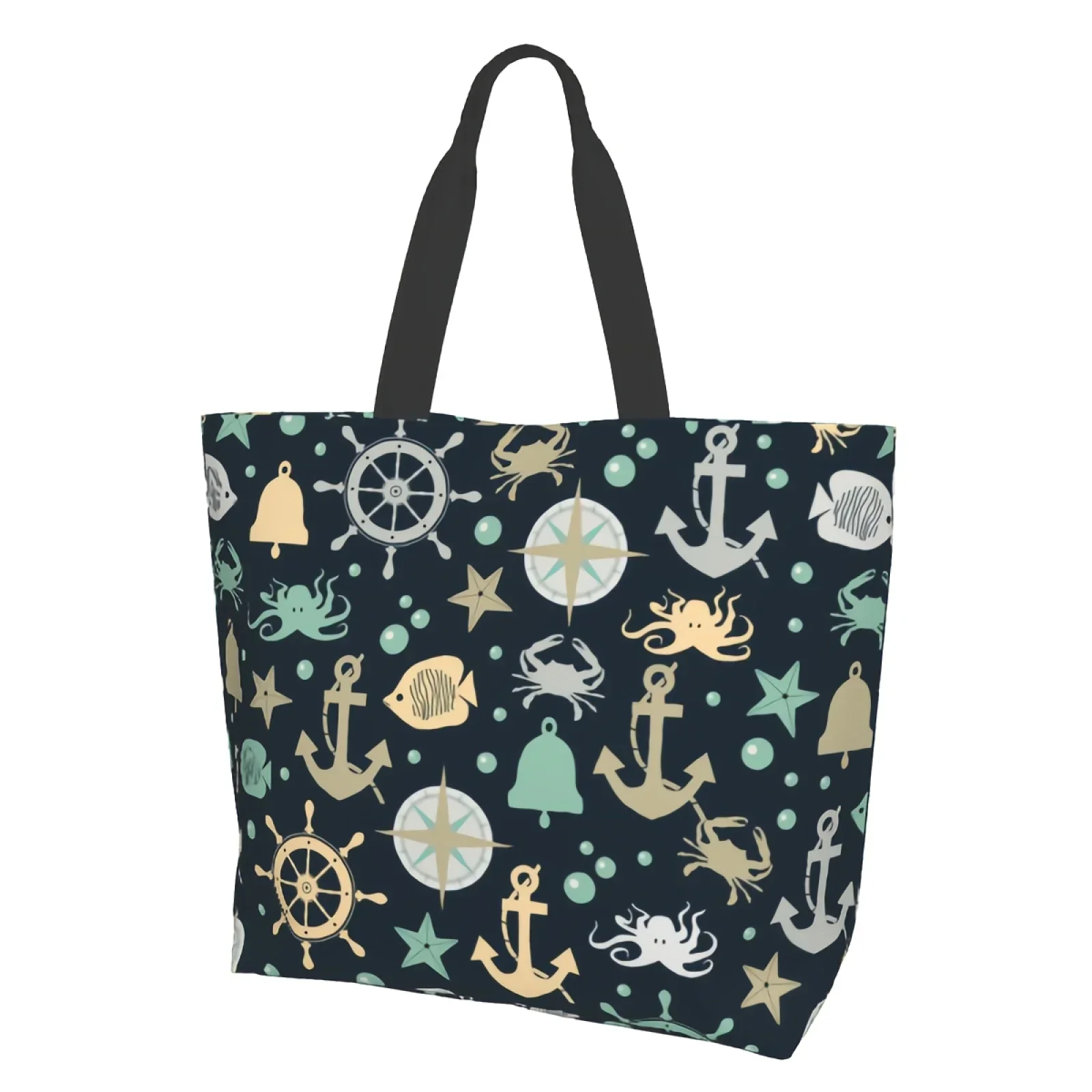 

Retro Nautical Anchor Sea Animal Fish Compass Crabs Octopus Starfish Canvas Tote Bag for Women Weekend Kitchen Grocery Bag