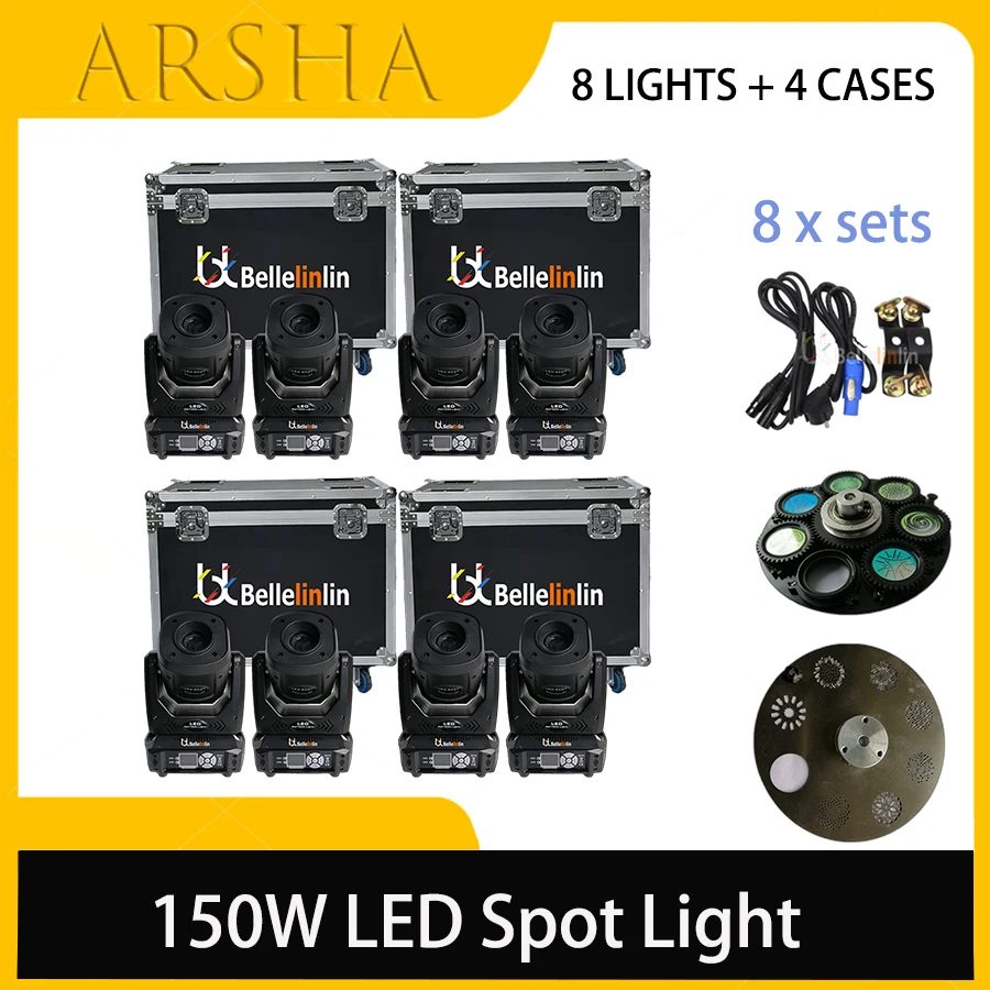 

8 PCS Beam Spot 150w LED Moving Head Light With 4 Flight Case 2 Gobos Wheels 3 Facet Prism Dj DMX Disco Stage Effect