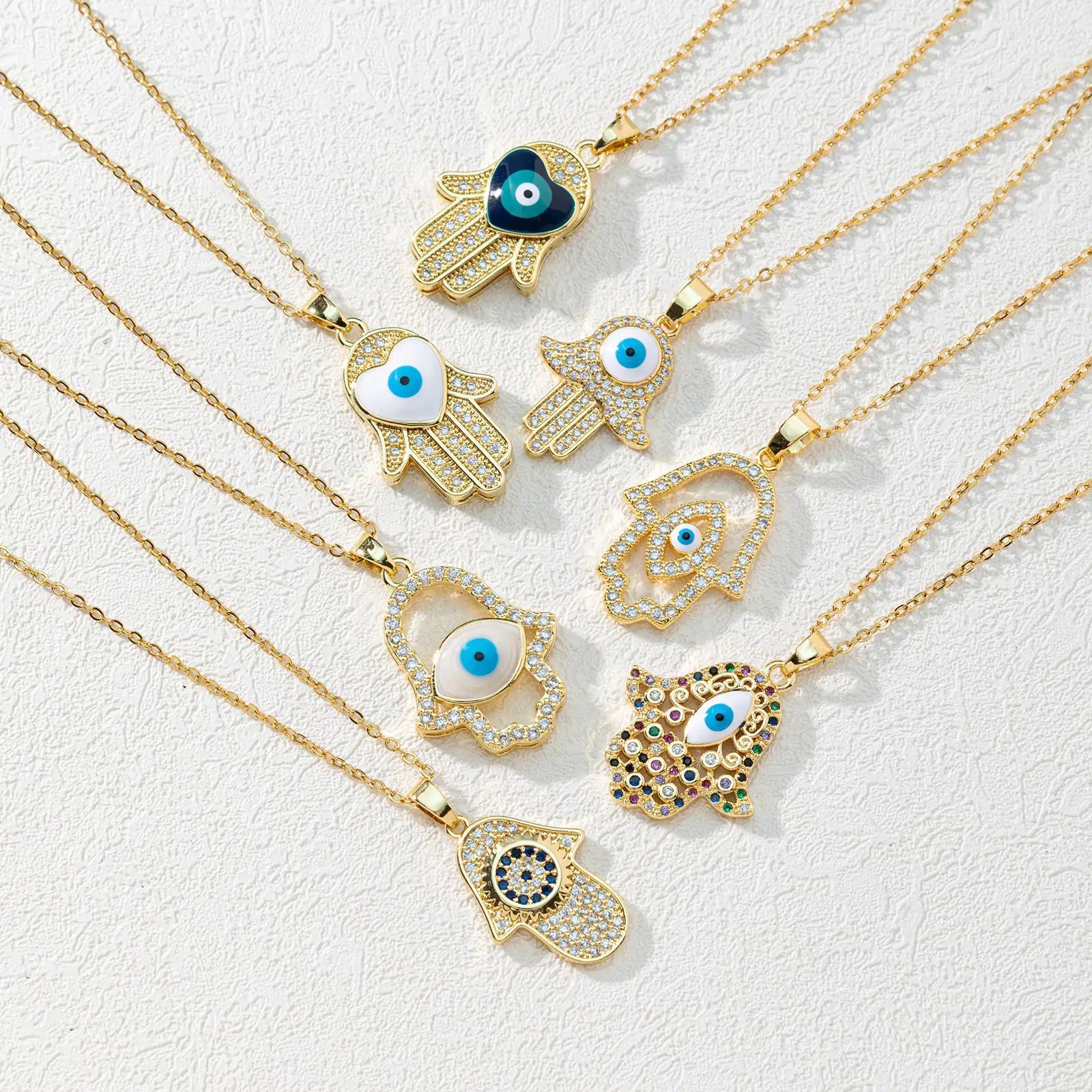 

S3378 Fatima Palm Evil Eye Pendant Necklace For Women Gold Plated Turkey Zircon Blue Eyes Choker Sweater Necklaces