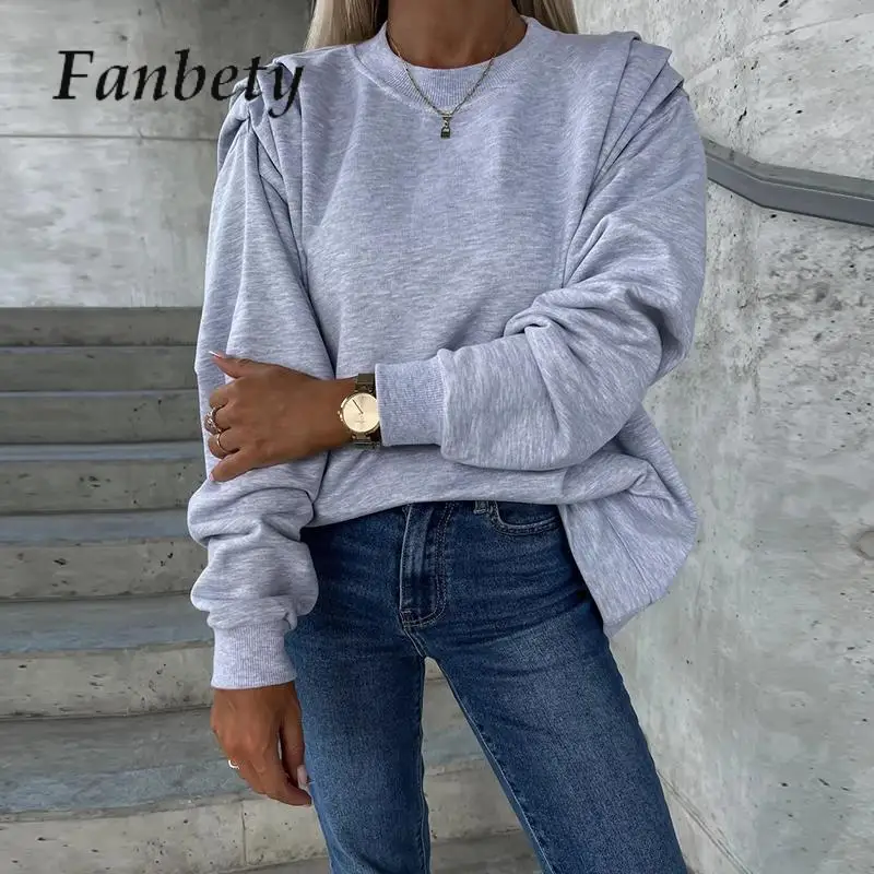 

Женский пуловер с круглым вырезом, повседневный однотонный базовый свитшот с длинным рукавом, свободного покроя, осень 2023