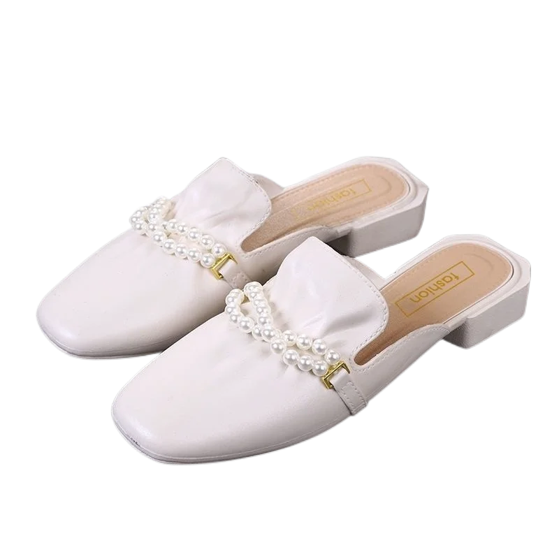 

Spring And Autumn Women's Baotou Pearl Half Slippers Style Wear Out Fashion Korean Cool Slippers Net Red Ins Lazy Shoes 2022 New