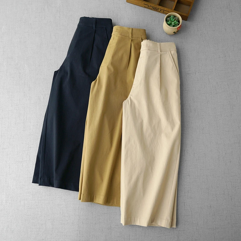 Spring Autumn Women Loose All-match Comfortable Breathable Water Washed Cotton Trousers Elastic Waist Straight Pants
