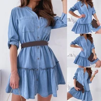 single breasted two pockets denim dress 34 sleeves ruffled hem solid color mini dress for daily wear