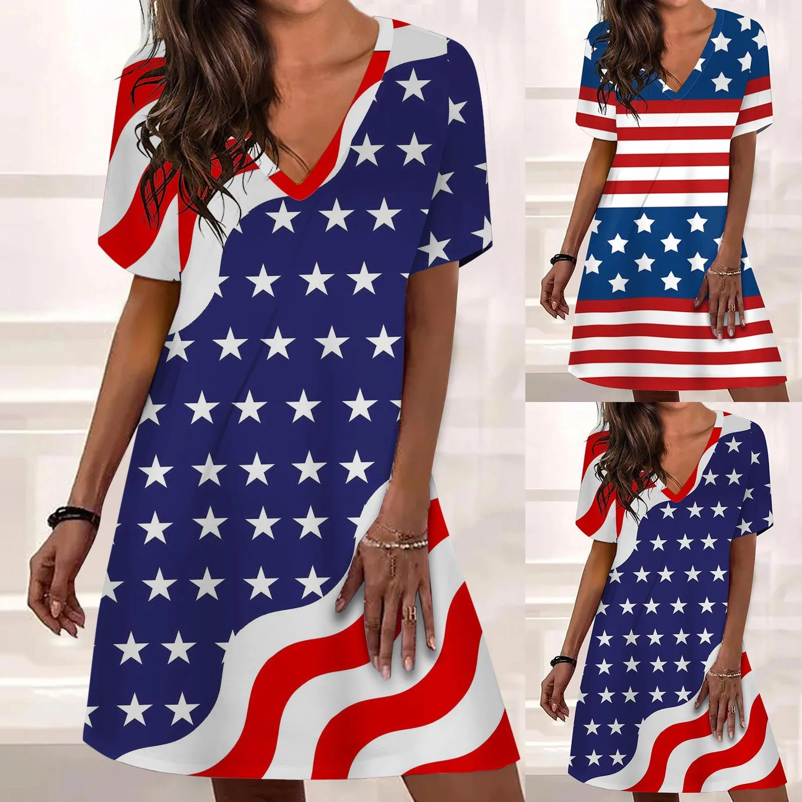 

Женские платья с коротким рукавом, повседневные летние платья с V-образным вырезом, свободное платье с коротким рукавом, одежда, женские пла...