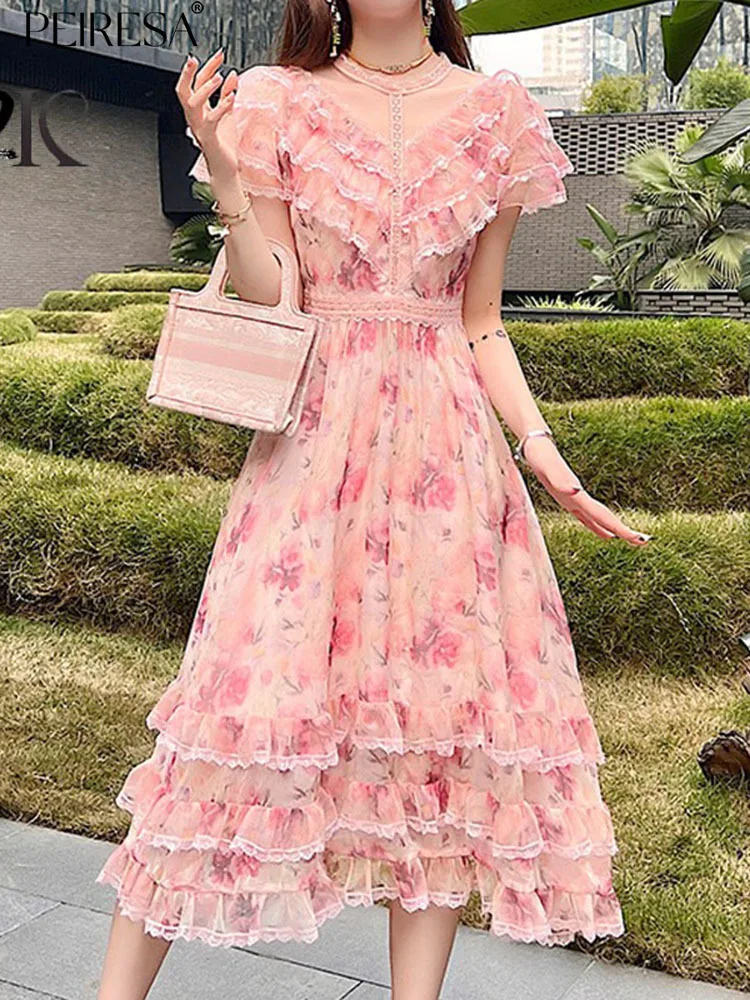 

PEIRESA Floral Print Ruffles Summer Dress New Lace Patchwork O Neck Short Sleeve French Elegant Slim Waist Midi Dresses Vestidos